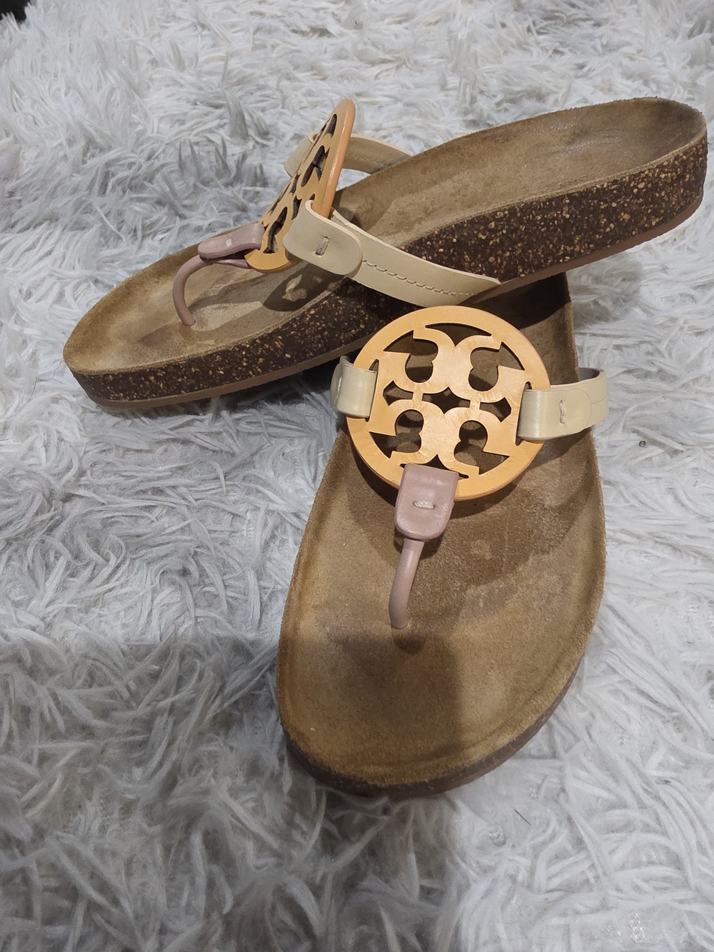Tory Burch Beige and Peach Leather Cork Thong Sandals